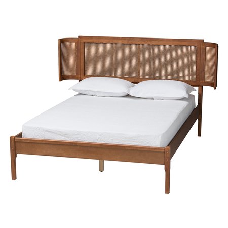 Baxton Studio Eridian MidCentury Modern Walnut Brown Finished Wood and Natural Rattan Queen Size Platform Bed 222-11891-ZORO